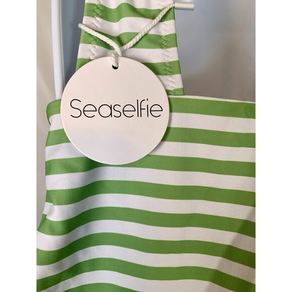Seaselfie Green White Striped Deep V Neck One Piece Swim Bathing Suit L/XL New - Picture 4 of 5
